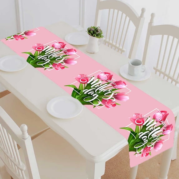 PKQWTM Happy Mothers Day Lettering Blooming Tulip Flowers Cotton and Linen Table Runner Kitchen Dining Room Supplies Size 16x72 Inch