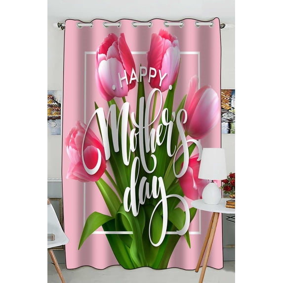 PKQWTM Happy Mothers Day Lettering Blooming Tulip Flowers Practical heat insulation Shading Window Curtain Size 52(W) x 84(H) inches (One Piece)