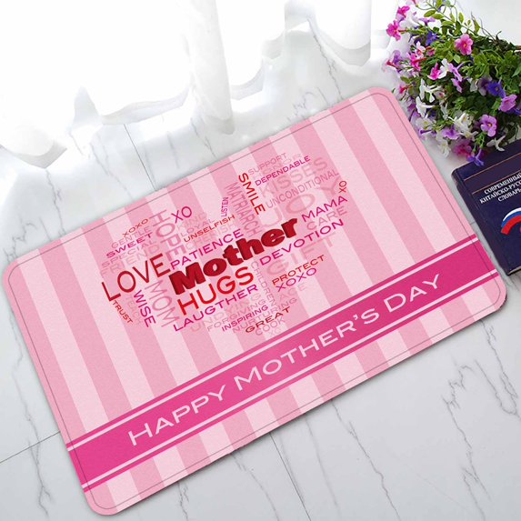 PKQWTM Happy Mothers Day Word Cloud Heart Shape Pink Stripes Home Decor Floor Mat Area Rug Doormat Size 18x30 Inches