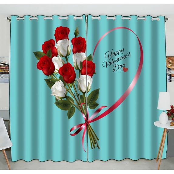 PKQWTM Happy Valentine'S Day Beautiful With Roses And Red Ribbon Practical heat insulation Shading Window Curtain Size 52(W) x 84(H) inches (Two Piece)