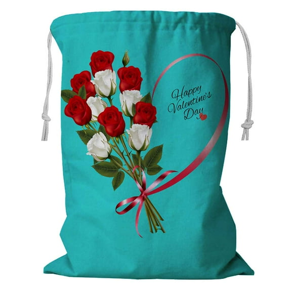 PKQWTM Happy Valentine'S Day Beautiful With Roses And Red Ribbon Storage Basket Laundry Bag with Drawstring Size 18x24 Inch