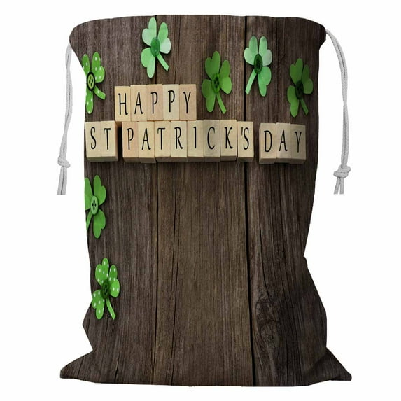 PKQWTM Happy Wooden Blocks Shamrocks Rustic Wooden Storage Basket Laundry Bag with Drawstring Size 18x24 Inch