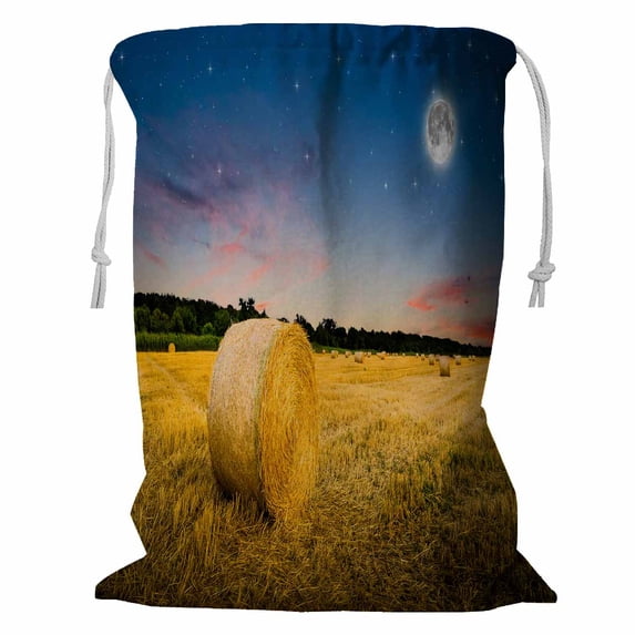 PKQWTM Hay Bales Night Storage Basket Laundry Bag with Drawstring Size 24x32 Inch