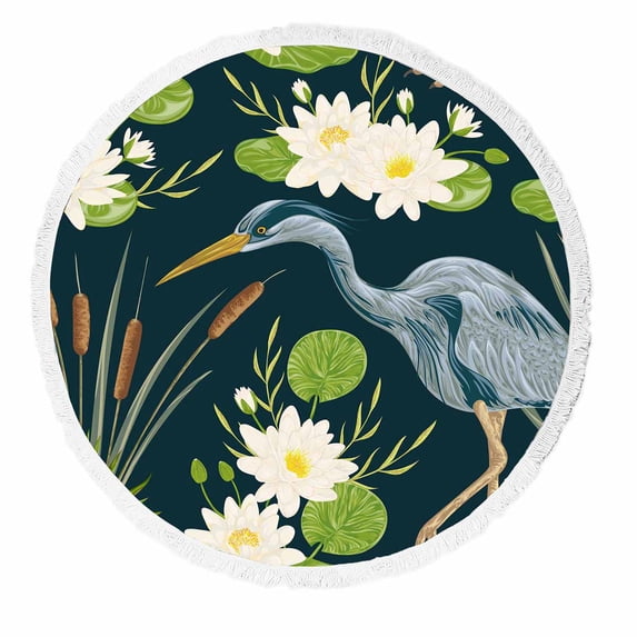 PKQWTM Heron Bird Water Lily Bulrush Swamp Flora Fauna Round Beach Towel Beach Mats Shawl Blanket Yoga Mat with Tassels Beach Throw Towel