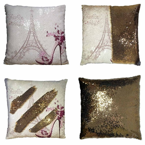 PKQWTM High-Heeled Shoes Eiffel Tower Reversible Mermaid Cushion Cover Home Decor Sequin Pillow Case Size 20x20 inches