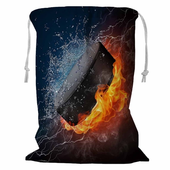 PKQWTM Hockey puck in fire and water Storage Basket Laundry Bag with Drawstring Size 24x32 Inch