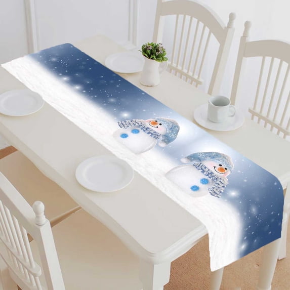 PKQWTM Holiday Winter Cute Cheerful Snowman Snow Cotton and Linen Table Runner Kitchen Dining Room Supplies Size 14x72 Inch