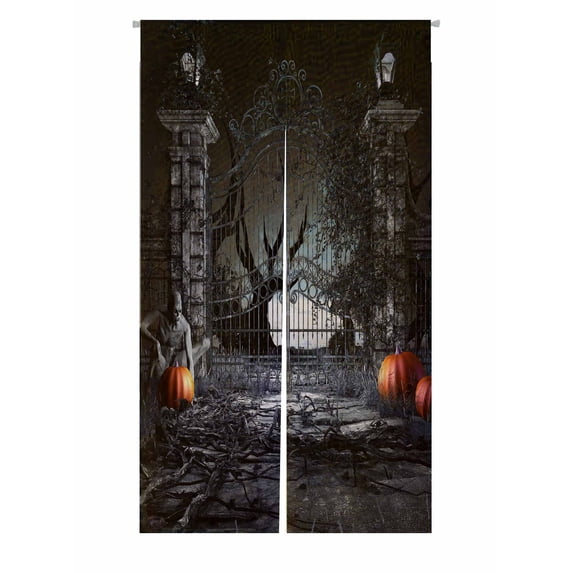PKQWTM Horror scenery zombie pumpkins old garden gate Door Curtain Window Cover Home Decor Hanging Curtain Size 85x150 CM