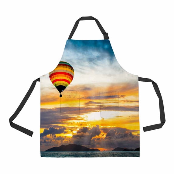 PKQWTM Hot air balloon over the sea at Sunset Unisex Adjustable Bib Apron with Pockets for Commercial Restaurant and Home Kitchen Use