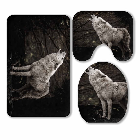 PKQWTM Howling Wolf In The Dark 3 Piece Bathroom Rugs Set Bath Rug Contour Mat and Toilet Lid Cover