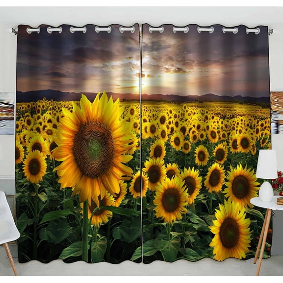 PKQWTM Huge Field Sunflowers During Sunset Practical heat insulation Shading Window Curtain Size 52(W)x84(H) inches(Two Piece)