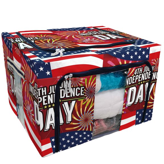 PKQWTM Independence Day Banner Storage Bag Clear Window Storage Bins Boxes Large Capacity Foldable Stackable Organizer With Steel Metal Frame For Bedding,Clothes,Closets, Bedrooms