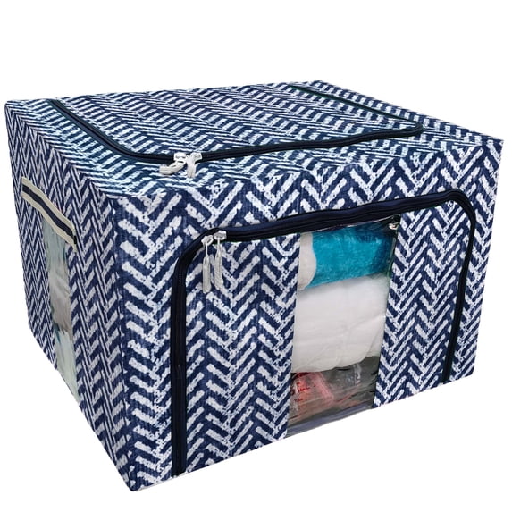 PKQWTM Indigo Dyed Herringbone Storage Bag Clear Window Storage Bins Boxes Large Capacity Foldable Stackable Organizer With Steel Metal Frame For Bedding,Clothes,Closets, Bedrooms