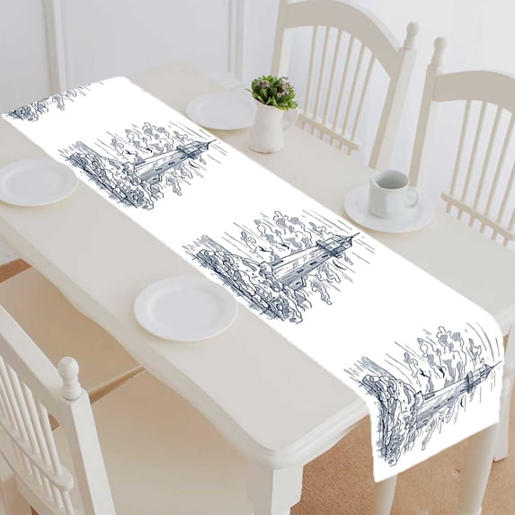 PKQWTM Island With Rocks And Lighthouse Sketch Birds Near Clouds Cotton and Linen Table Runner Kitchen Dining Room Supplies Size 14x72 Inch