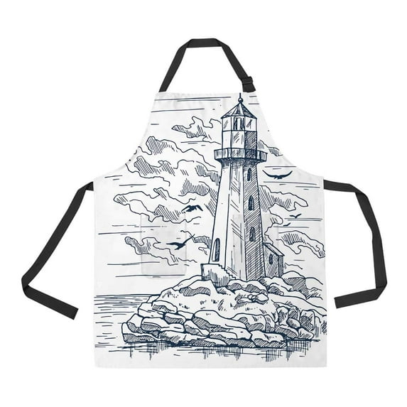 PKQWTM Island With Rocks And Lighthouse Sketch Birds Near Clouds Unisex Adjustable Bib Apron with Pockets for Commercial Restaurant and Home Kitchen Use