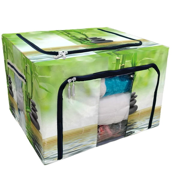 PKQWTM Japanese Bamboo Stone Water Home Decor Storage Bag Clear Window Storage Bins Boxes Large Capacity Foldable Stackable Organizer With Steel Metal Frame For Bedding,Clothes,Closets, Bedrooms