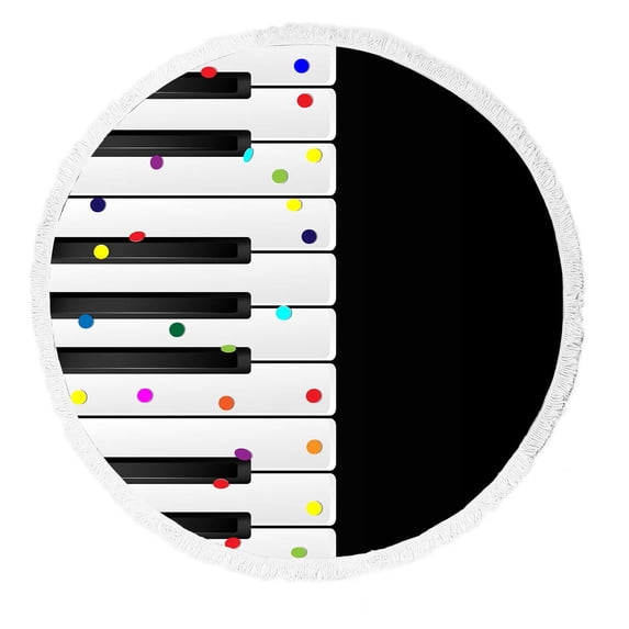 PKQWTM Large White Black Music Keys With Confetti Round Beach Towel Beach Mats Shawl Blanket Yoga Mat with Tassels Beach Throw Towel