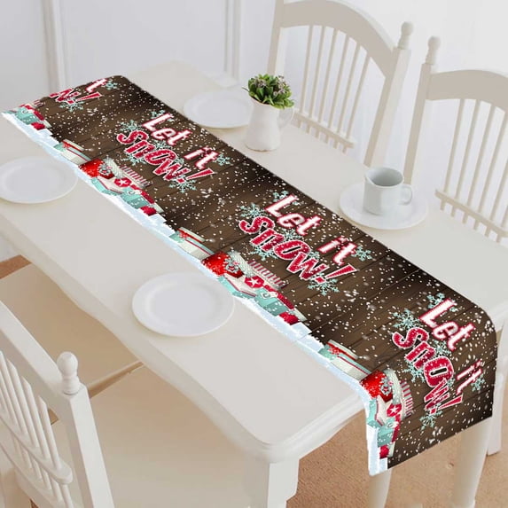 PKQWTM Let it snow red brown wooden giftboxes Cotton and Linen Table Runner Kitchen Dining Room Supplies Size 16x72 Inch