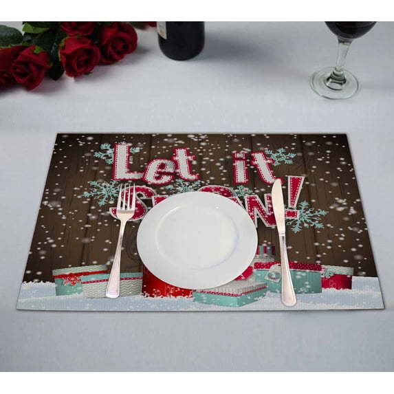 PKQWTM Let it snow red brown wooden giftboxes Kitchen Dining Table Mats Placemats Size 12x18 Inches, Set of 2 Pieces
