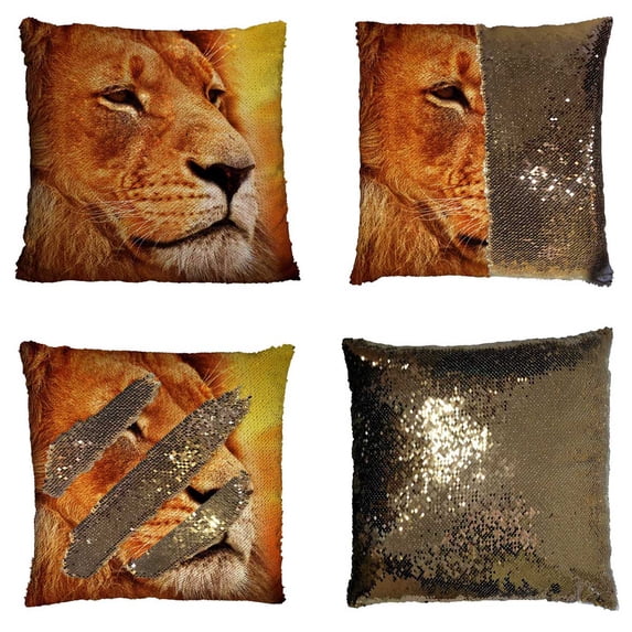 PKQWTM Lion Portrait Savanna Landscape Mount Sunset Reversible Mermaid Cushion Cover Home Decor Sequin Pillow Case Size 18x18 inches