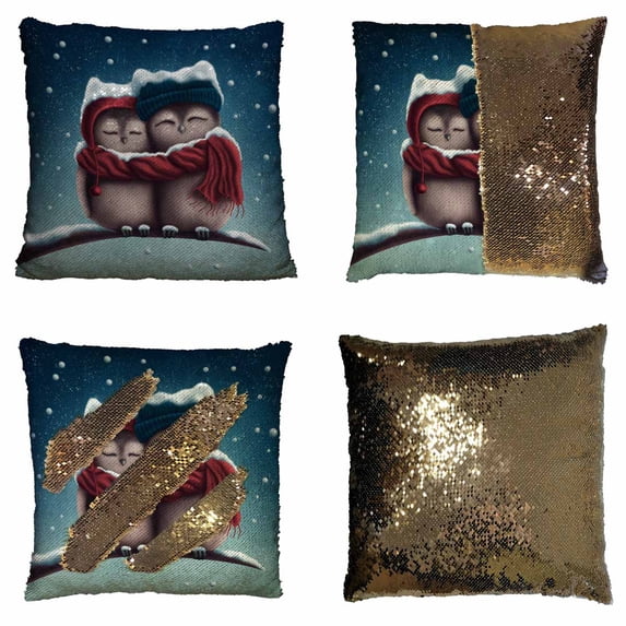 PKQWTM Little snow owls sitting on the branch Reversible Mermaid Cushion Cover Home Decor Sequin Pillow Case Size 20x20 inches