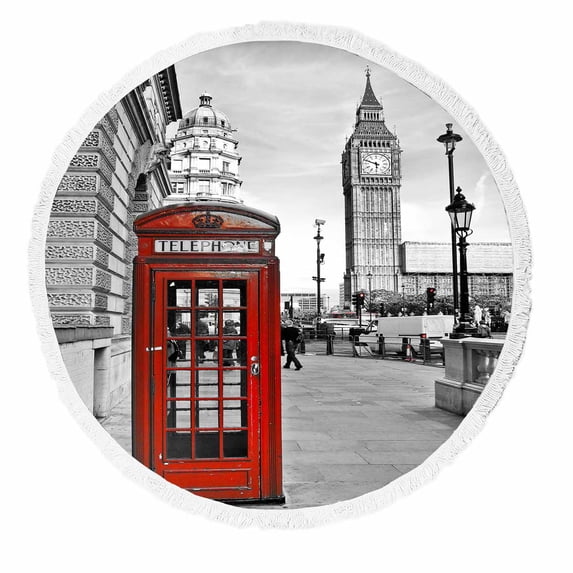 PKQWTM London Big Ben Telephone Booth Round Beach Towel Beach Mats Shawl Blanket Yoga Mat with Tassels Beach Throw Towel