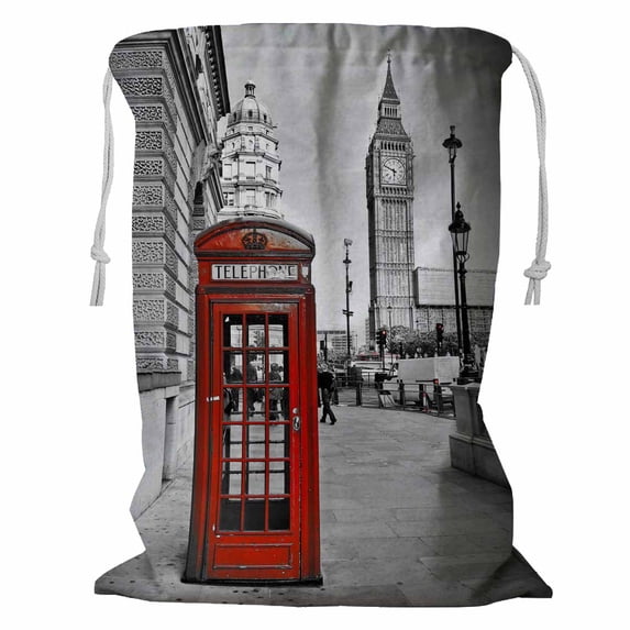 PKQWTM London Big Ben Telephone Booth Storage Basket Laundry Bag with Drawstring Size 24x32 Inch