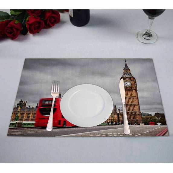 PKQWTM London The Uk Red Bus Big Ben Westminster Palace Kitchen Dining Table Mats Placemats Size 12x18 Inches, Set of 2 Pieces