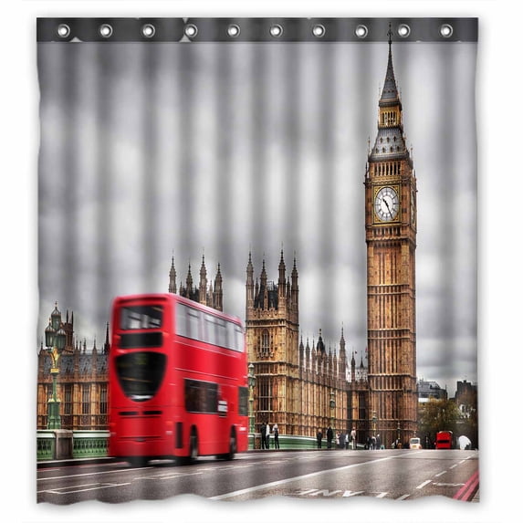 PKQWTM London The Uk Red Bus Big Ben Westminster Palace WaterProof Polyester Fabric Shower Curtain Size 66x72 Inches