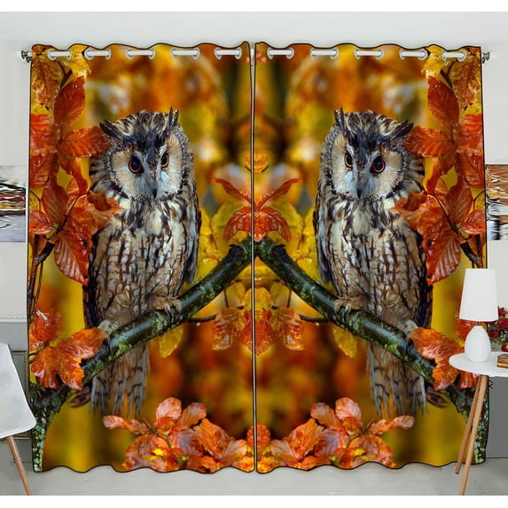 PKQWTM Long Eared Owl Orange Oak Leaves During Autumn Practical heat insulation Shading Window Curtain Size 52(W) x 84(H) inches (Two Piece)
