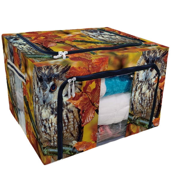 PKQWTM Long Eared Owl Orange Oak Leaves During Autumn Storage Bag Clear Window Storage Bins Boxes Large Capacity Foldable Stackable Organizer With Steel Metal Frame For Clothes,Closets, Bedrooms