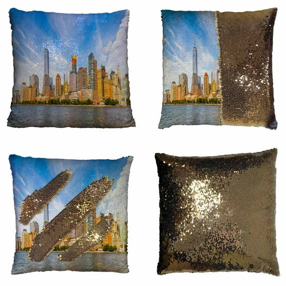 PKQWTM Lower Manhattan New York City United States America Reversible Mermaid Cushion Cover Home Decor Sequin Pillow Case Size 20x20 inches