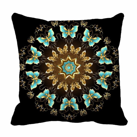 PKQWTM Mandala gold turquoise butterflies black Bed Decor Pillow Cases Zippered Cushion Cover Size 16x16 Inches