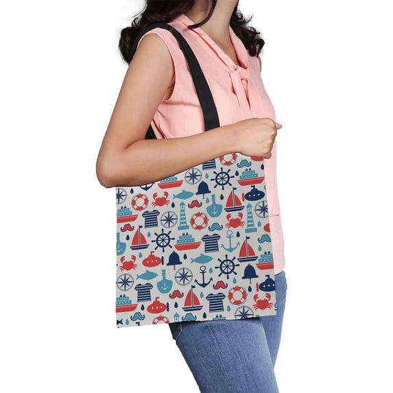 PKQWTM Marine Scrapbook Fish Anchor Canvas Shoulder Bags Handbags Tote Bags Shopping Bag