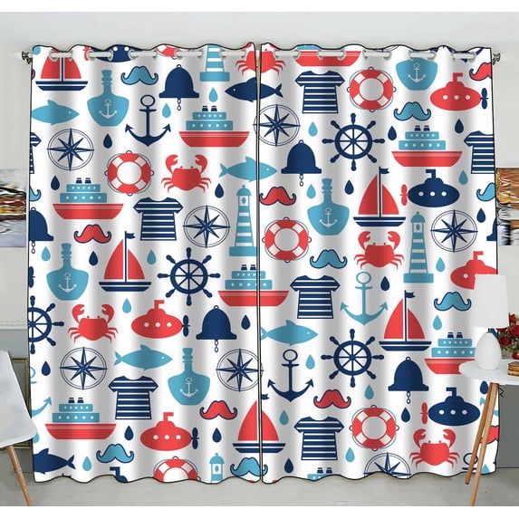 PKQWTM Marine Scrapbook Fish Anchor Practical heat insulation Shading Window Curtain Size 52(W)x84(H) inches(Two Piece)
