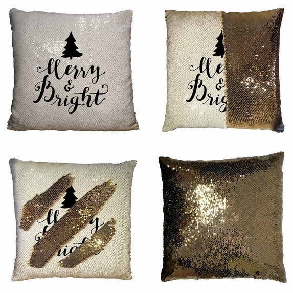 PKQWTM Merry And Bright Merry Christmas Reversible Mermaid Cushion Cover Home Decor Sequin Pillow Case Size 20x20 inches