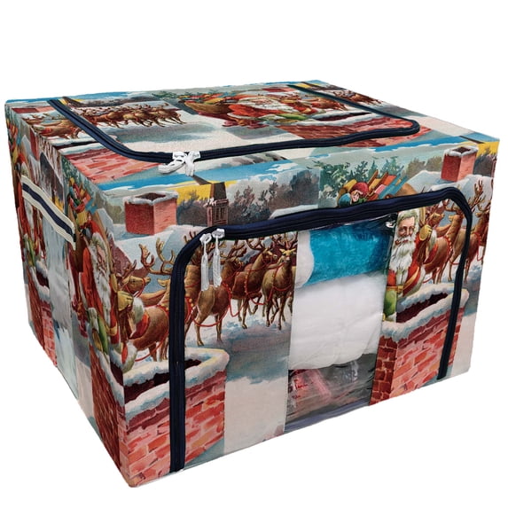 PKQWTM Merry Christmas Vintage Santa Claus Reindeer and Sleigh on the Roof Top Storage Bag Clear Window Storage Bins Boxes Large Capacity Foldable Stackable Organizer With Steel Metal Frame