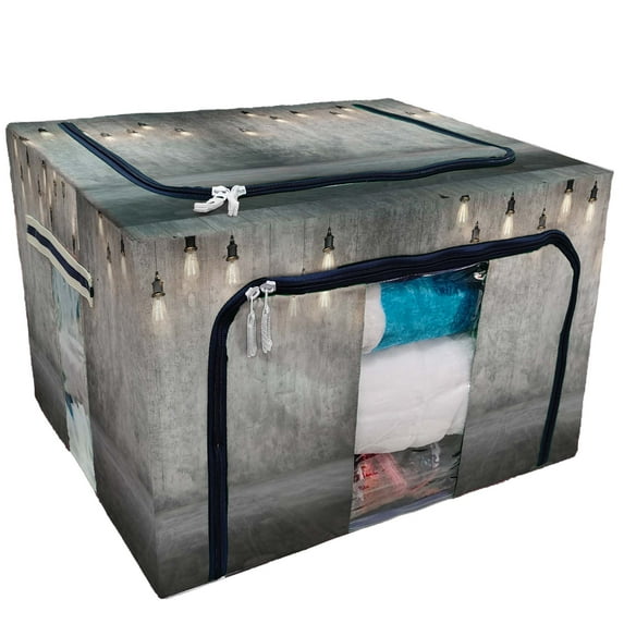 PKQWTM Mock Up Concrete Wall Floor Light Storage Bag Clear Window Storage Bins Boxes Large Capacity Foldable Stackable Organizer With Steel Metal Frame For Bedding,Clothes,Closets, Bedrooms