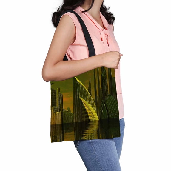 PKQWTM Modern Alien City Computer Artwork Canvas Shoulder Bags Handbags Tote Bags Shopping Bag