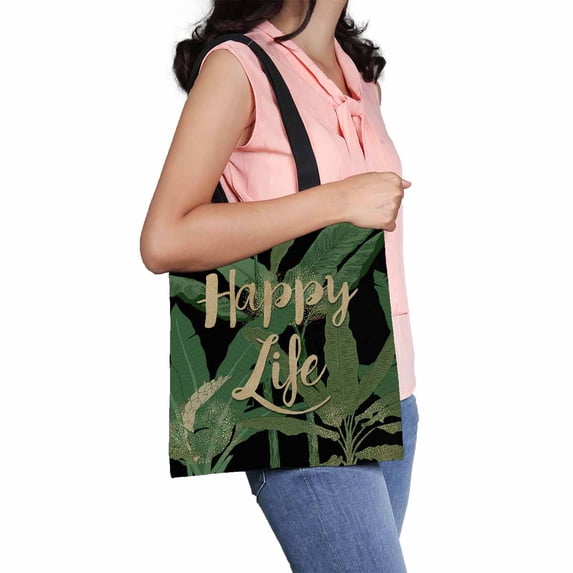 PKQWTM Modern tropical palm leaves Happy Life quote Canvas Shoulder Bags Handbags Tote Bags Shopping Bag