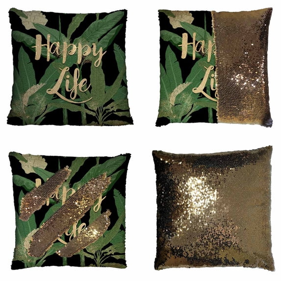 PKQWTM Modern tropical palm leaves Happy Life quote Reversible Mermaid Cushion Cover Home Decor Sequin Pillow Case Size 18x18 inches