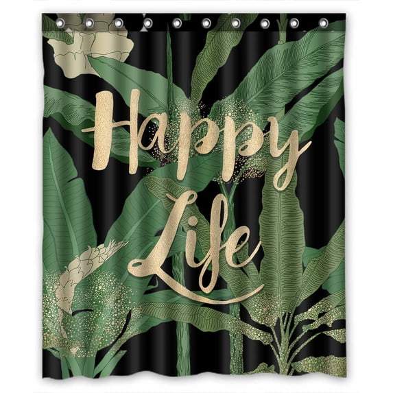 PKQWTM Modern tropical palm leaves Happy Life quote WaterProof Polyester Fabric Shower Curtain Size 60x72 Inches