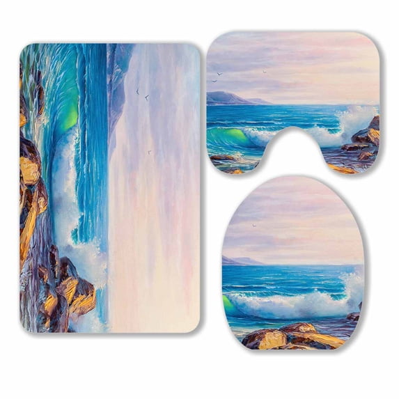 PKQWTM Morning on sea wave Oil painting 3 Piece Bathroom Rugs Set Bath Rug Contour Mat and Toilet Lid Cover