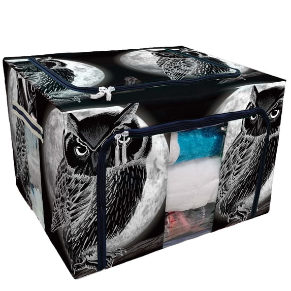 PKQWTM Mysterious Full Moon Night Christmas Owl Storage Bag Clear Window Storage Bins Boxes Large Capacity Foldable Stackable Organizer With Steel Metal Frame For Bedding,Clothes,Closets, Bedrooms