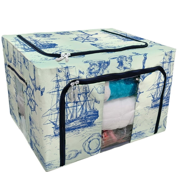 PKQWTM Nautical Set Storage Bag Clear Window Storage Bins Boxes Large Capacity Foldable Stackable Organizer With Steel Metal Frame For Bedding,Clothes,Closets, Bedrooms