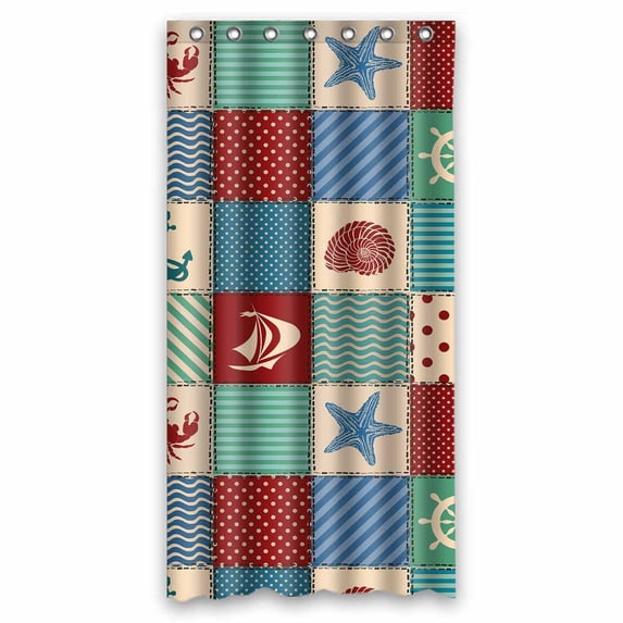PKQWTM Nautical patchwork seashell starfish anchor wheel sailboat crab WaterProof Polyester Fabric Shower Curtain Size 36x72 Inches