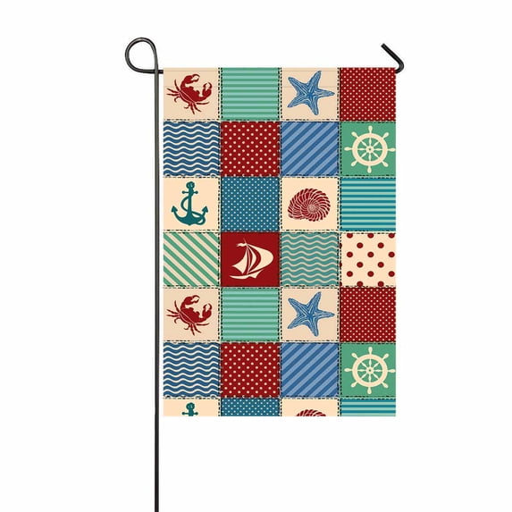 PKQWTM Nautical patchwork seashell starfish anchor wheel sailboat crab Yard Decor Home Garden Flag Size 12x18 Inches