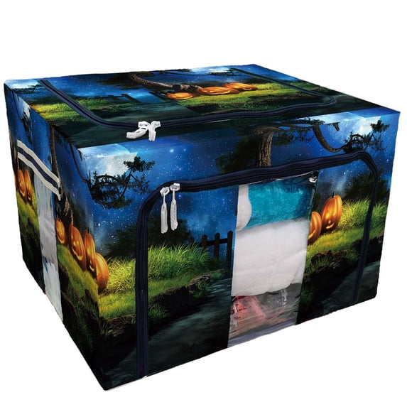 PKQWTM Night Scenery With Three Halloween Pumpkins Old Tree Storage Bag Clear Window Storage Bins Boxes Large Capacity Foldable Stackable Organizer With Steel Metal Frame For Clothes,Closets, Bedrooms