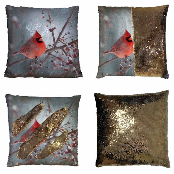PKQWTM Northern cardinal perched branch light winter snow Reversible Mermaid Cushion Cover Home Decor Sequin Pillow Case Size 18x18 inches