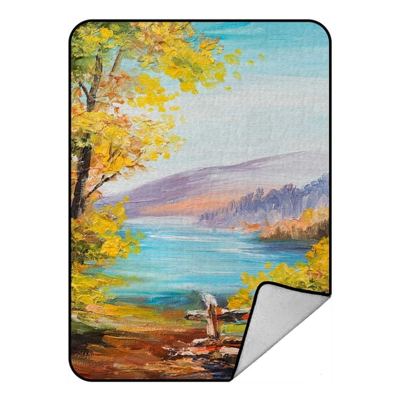 PKQWTM Oil Painting Landscape Autumn Forest Mountain Lake Blanket Crystal Velvet Throw Bed Blanket 58x80 inches